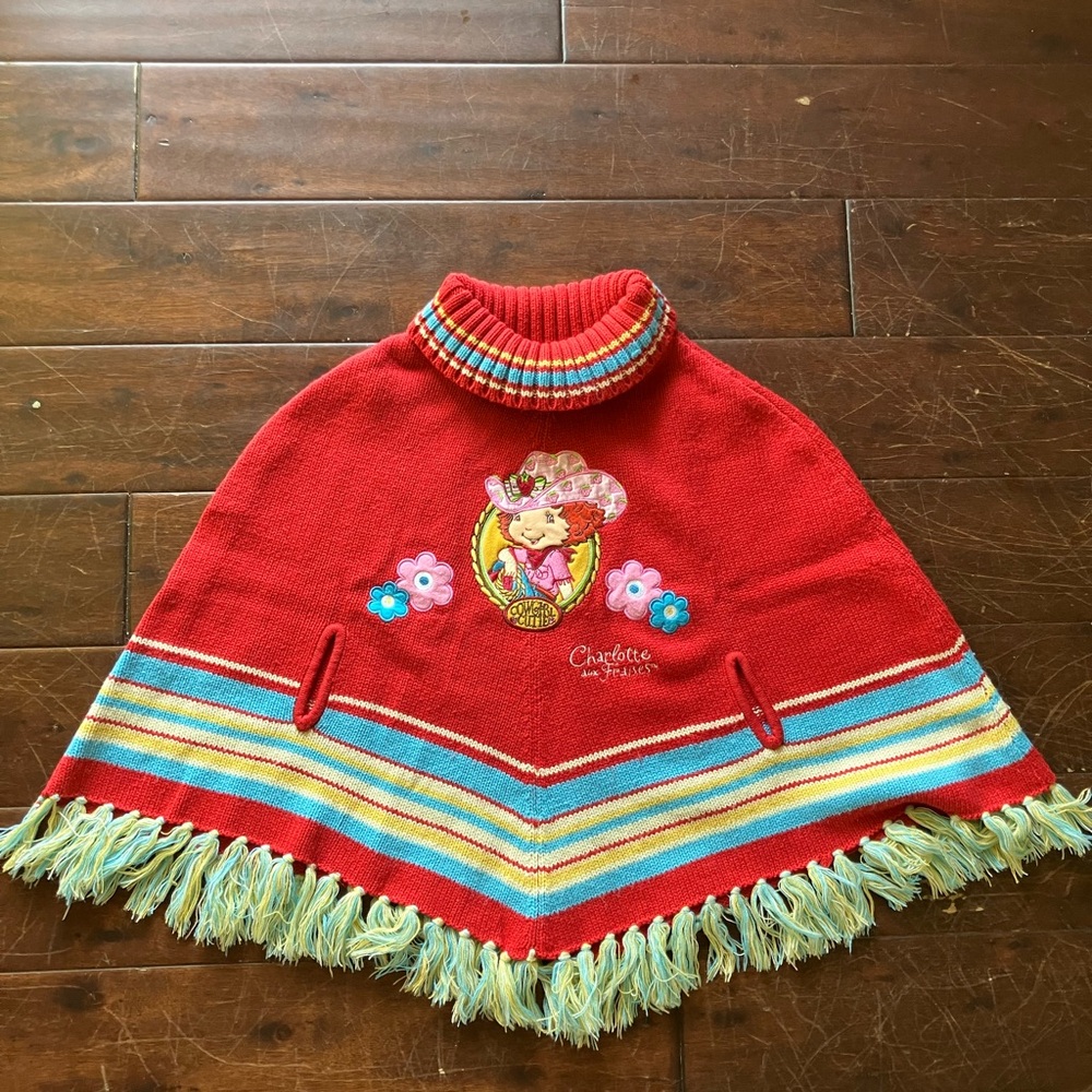 Y2K 2007 Strawberry Shortcake Red Cowgirl Sweater Poncho